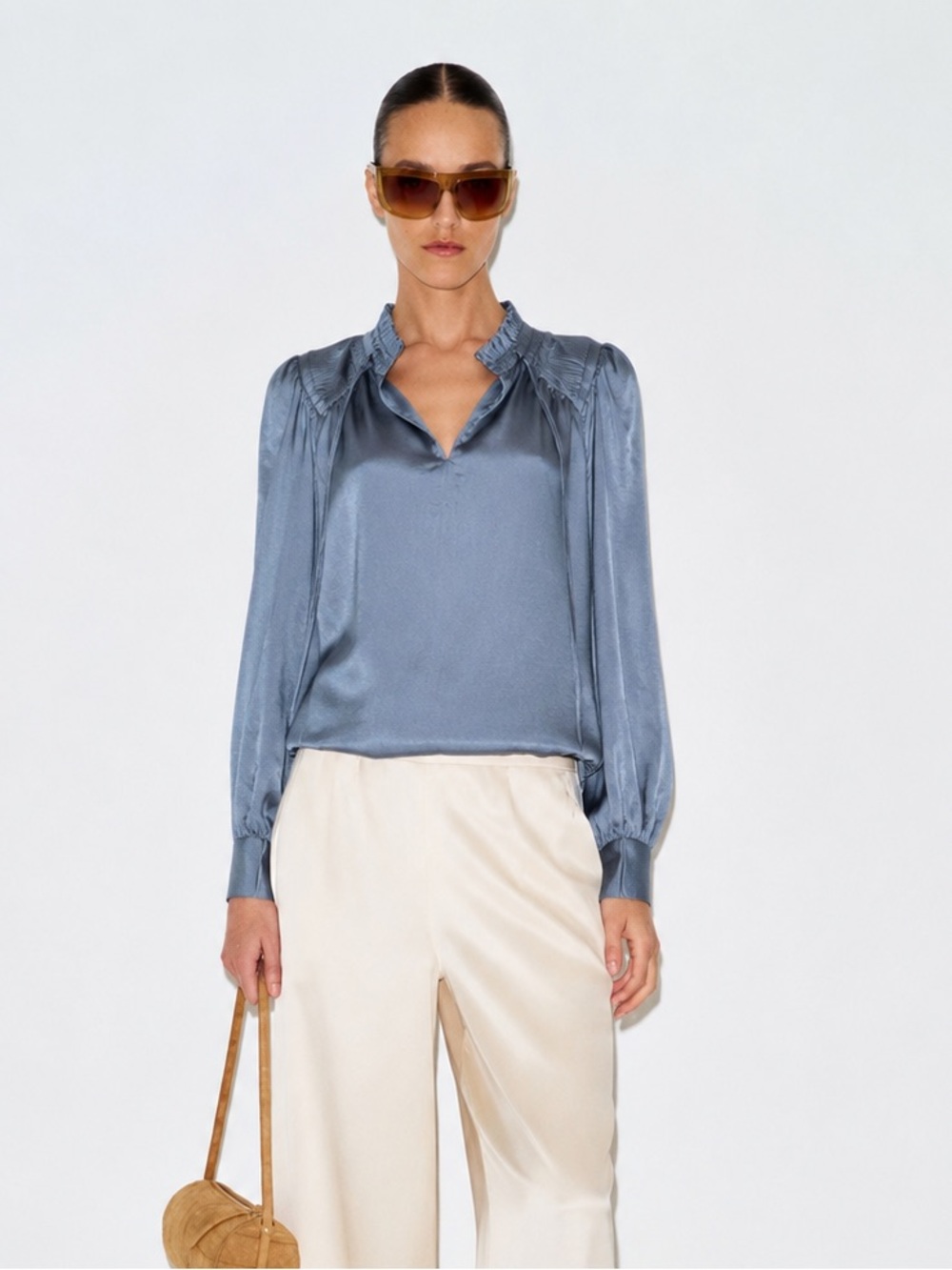 Philosophy Slate Blue Satin Ruffled V-Neck Top